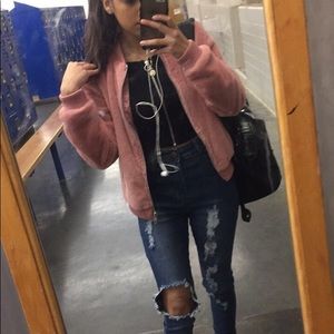 Pink fur bomber jacket